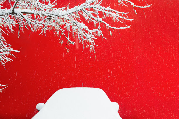 一个下雪的树枝和一辆车在一堵红墙的背景在下雪期间。6、平安道路理念，礼物圣诞，保险过冬图片下载