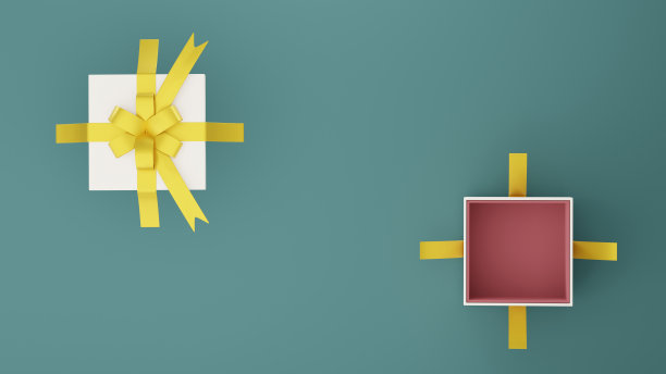 打开白色礼盒领带与金色缎带俯视图平躺在蓝绿色背景产品介绍，圣诞庆祝和快乐的新年与空间问候概念，3D渲染图片下载