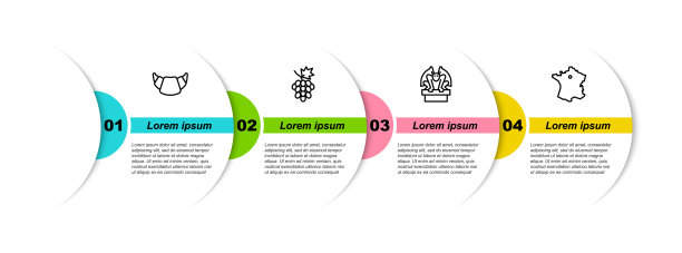 底座上的羊角面包、葡萄果、滴水嘴兽和法国地图。业务信息模板。向量图片下载