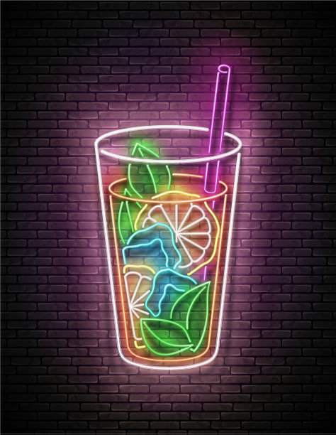 复古发光招牌与冰茶在高脚杯图片下载