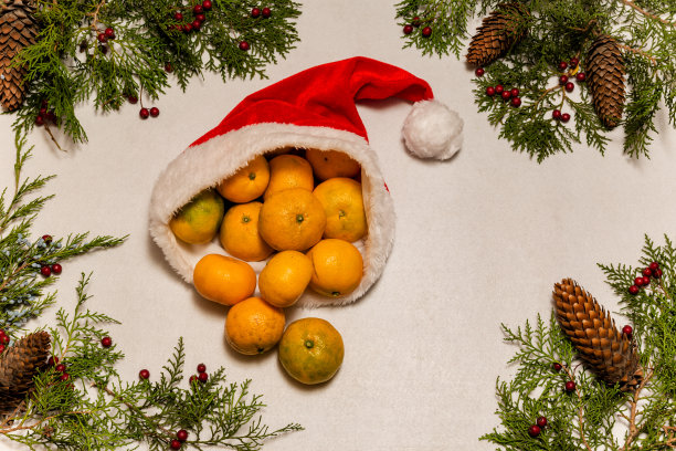 甜橘子从圣诞老人的帽子上掉下来图片下载