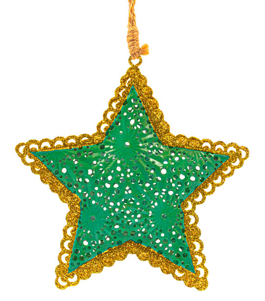 绿色金属圣诞树装饰五角星形状，金色闪闪发光的边框图片下载