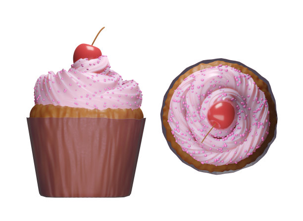 美味可口的纸杯蛋糕，上面有粉红色的糖衣和樱桃，准备为孩子们的派对食物，母亲节庆祝。三维渲染图片下载