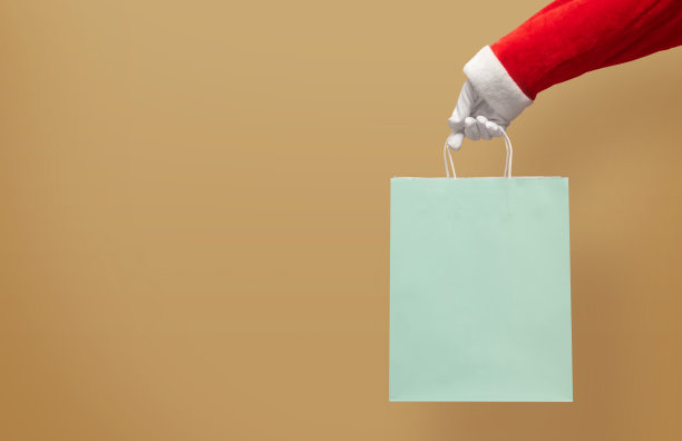 圣诞老人手拿蓝色购物纸袋图片下载