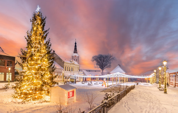 Rasnov的圣诞市场和装饰树图片下载