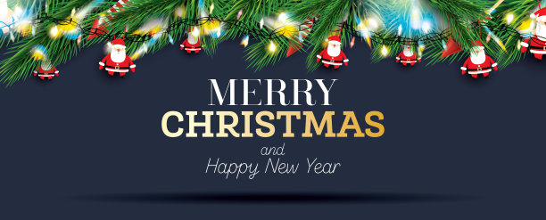 有霓虹灯的杉树枝和圣诞老人。圣诞装饰与彩色闪烁。图片下载