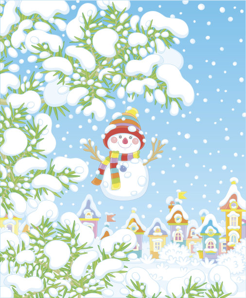 雪人挂在雪杉树树枝上图片下载