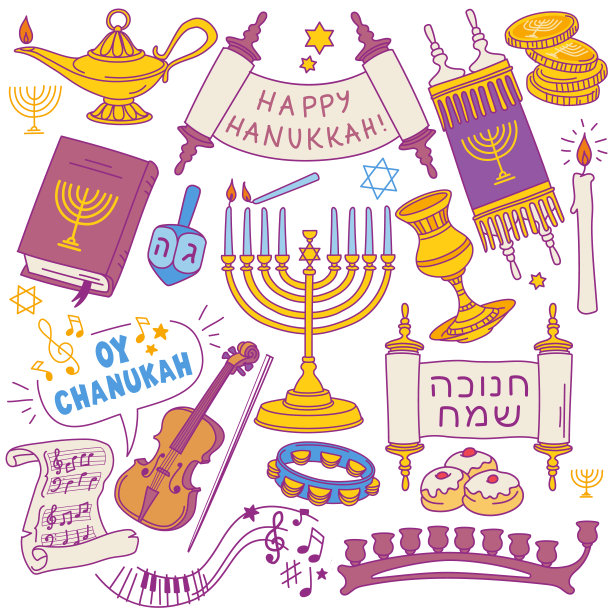 光明节涂鸦集。节日的传统符号-烛台，律法卷轴，陀螺，犹太烛台，光明节。图片下载