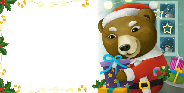卡通场景与动物圣诞老人熊与礼物圣诞画框-插图图片下载