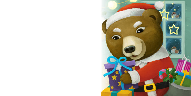 卡通场景与动物圣诞老人熊与礼物圣诞画框-插图图片下载