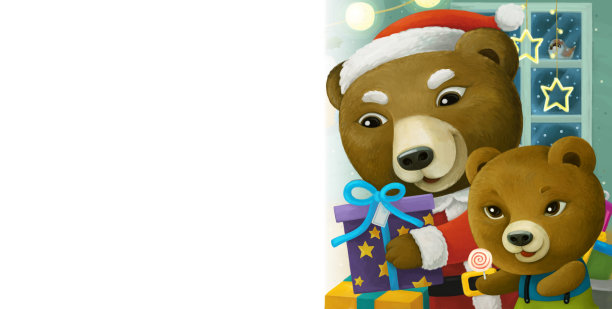 卡通场景与动物圣诞老人熊与礼物圣诞画框-插图图片下载