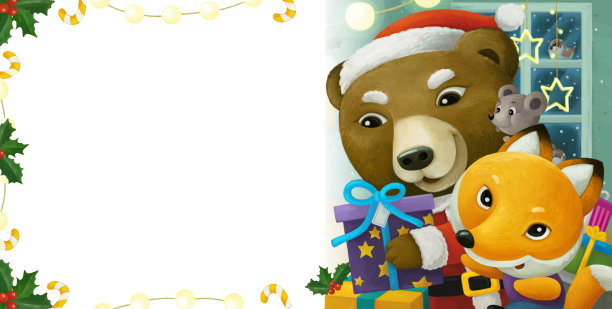 卡通场景与动物圣诞老人熊与礼物圣诞画框-插图图片下载