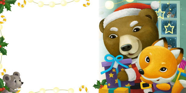卡通场景与动物圣诞老人熊与礼物圣诞画框-插图图片下载