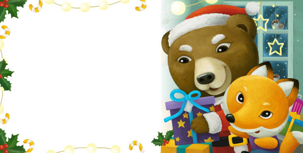 卡通场景与动物圣诞老人熊与礼物圣诞画框-插图图片下载