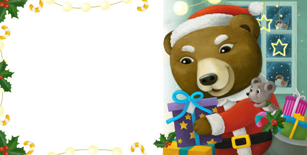 卡通场景与动物圣诞老人熊与礼物圣诞画框-插图图片下载