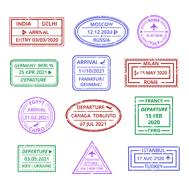旅游签证盖章标志颜色细线图标设置图片下载