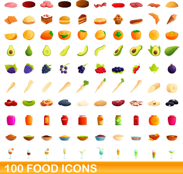 100个食物图标设置卡通风格图片下载