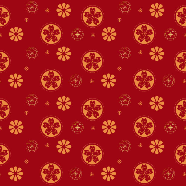 红色背景上的金色花无缝图案中式风格图片下载