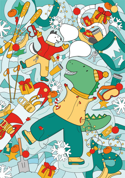 冬季卡恐龙滑雪板和狗滑雪打滚在雪做雪天使。许多细节，涂鸦矢量图片下载