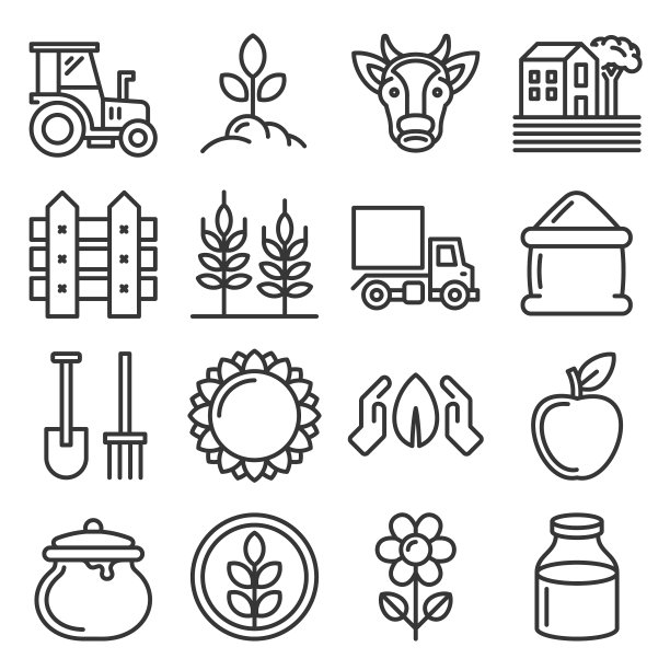 农场图标设置在白色背景线风格图片下载