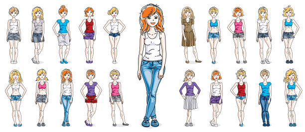 女性在休闲装矢量插图孤立在白色的大背景，迷人的成年女孩美丽和苗条的身材曲线可爱的人物站全长，华丽多样的女性。图片下载