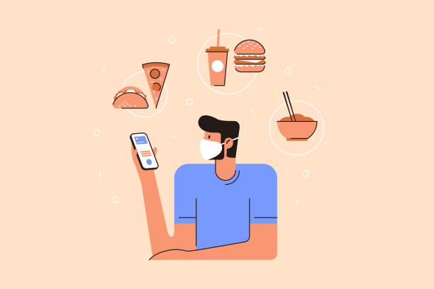 隔离期间，戴医用口罩的男子通过智能手机应用订购食品。图片下载