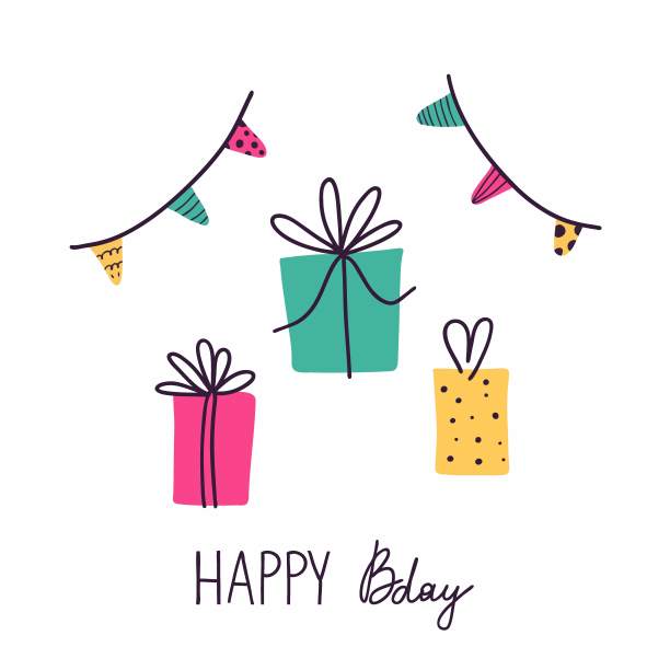 bday快乐。原始极简风格的生日明信片，节日礼物和礼物，派对装饰，庆祝问候或邀请卡现代派对海报平面矢量涂鸦孤立的插图图片下载