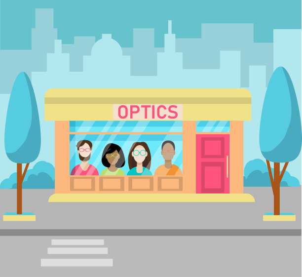 向量插图的眼镜商店。城市中商店建筑的外立面插图。光学商店外立面。矢量插图在平面风格图片下载