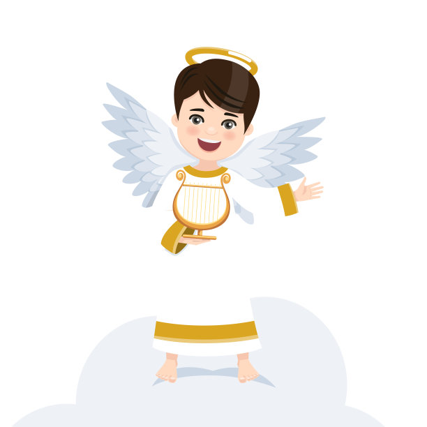 天使在白色的背景上弹奏竖琴。孤立的矢量图图片下载
