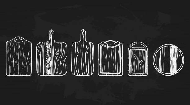 砧板。手绘板，复古厨房木板收集，白色物体粉笔素描风格的厨师烧烤餐厅和咖啡馆菜单，矢量线孤立插图图片下载