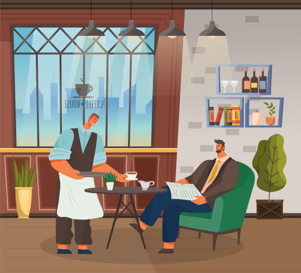 咖啡师为男人带来咖啡，咖啡馆内部图片下载