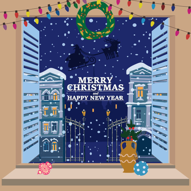 圣诞快乐窗观冬古镇，村夜，圣诞树，新年复古玩具装饰。矢量插图卡通平面风格图片下载