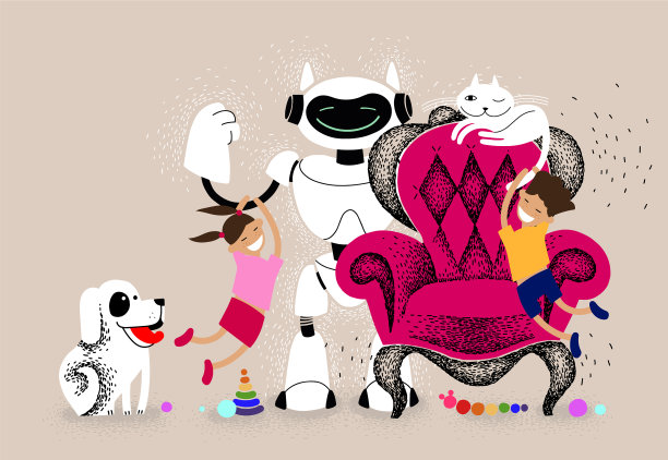 孩子们在家里与宠物和机器人玩耍图片下载