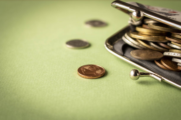 钱包上有硬币，背景很亮。关闭了。有选择性的重点。贫穷的概念。图片下载