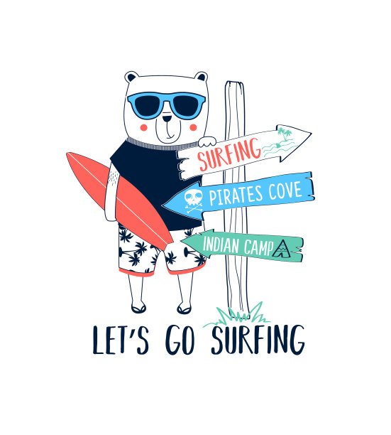 冲浪者熊和方向标志印刷设计图片下载
