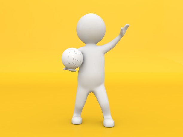 3d角色运动员与一个球在黄色的背景。图片下载