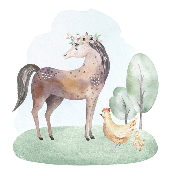 农场动物。可爱的家养宠物水彩画插图。马和鹅。猪设计配山羊。鸡鸡羊，牛鸡。图片下载