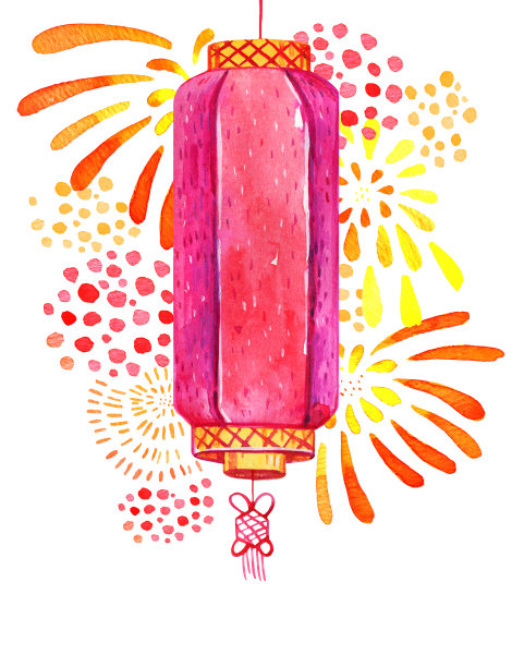 传统的中国纸灯笼与烟花的背景。手绘水彩素描插图上的白色背景图片下载