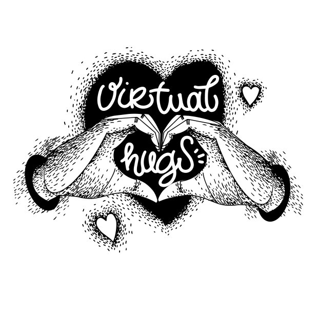 虚抱矢，书法用手和心。黑白剪纸。远离社交距离的无病毒虚拟拥抱。社交媒体连接。图片下载