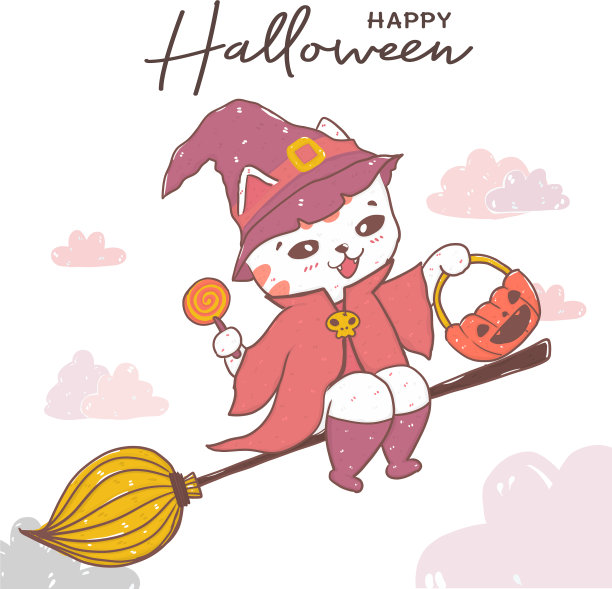 可爱的涂鸦快乐猫橙色女巫服装图片下载