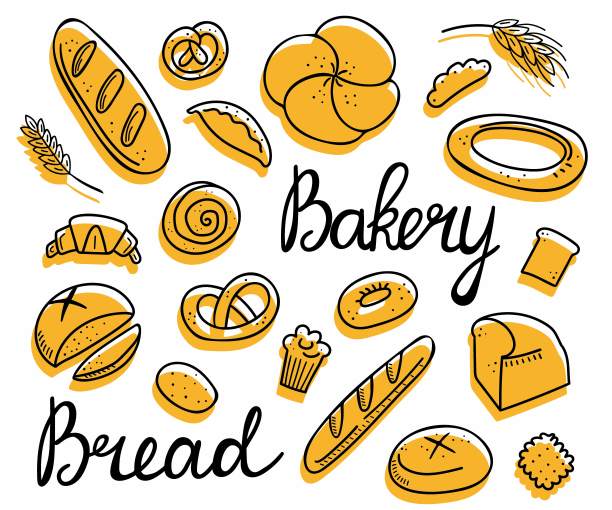 面包涂鸦集。烘焙产品，手绘法棍面包，牛角面包和百吉饼，线糕点蛋糕和甜甜圈。矢量卡通黑色，黄色和白色的图标集合。说明菜单，框架，设计图片下载