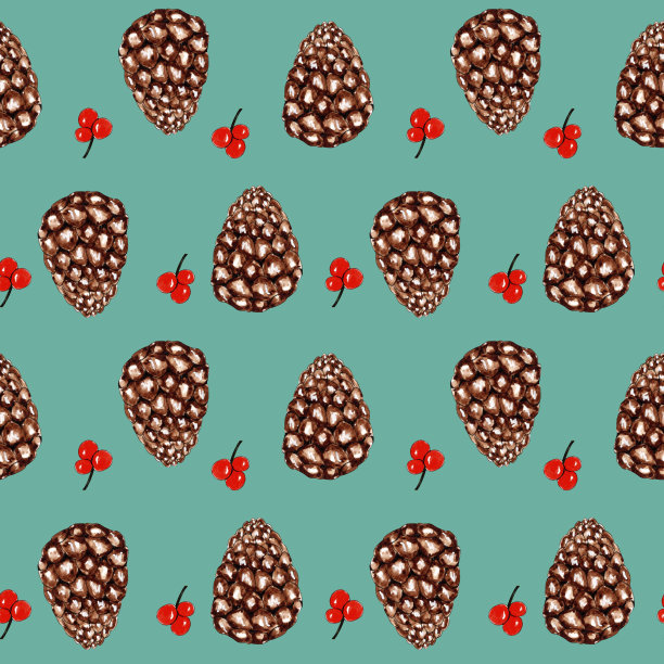 水彩图案设计与锥形和浆果。图片下载