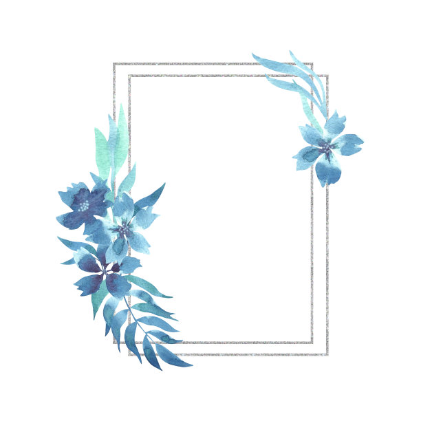 水彩花卉框架与蓝色的花和树枝与几何银色元素，孤立在白色的背景。婚礼请柬，贺卡，纺织品。图片下载