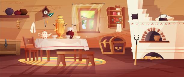 俄罗斯小屋舒适的内部。旧的乌克兰厨房，炉子，锅，长凳，柜子，地毯，扫帚，把手，窗户与窗帘，地毯，茶炊，桌布。图片下载