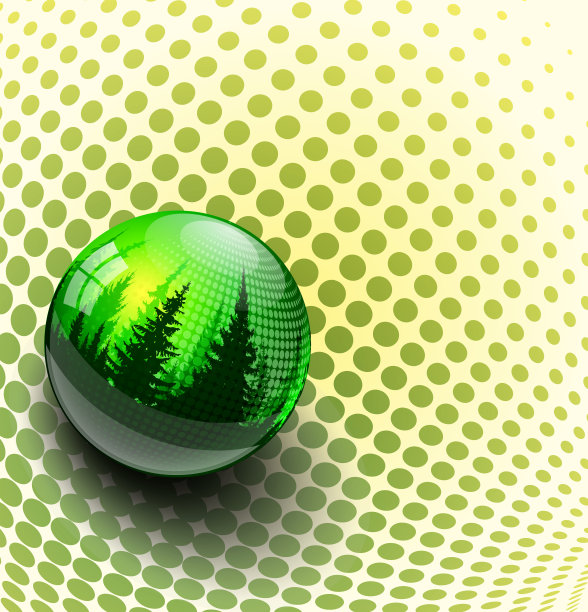 绿色玻璃般的水滴与针叶树。图片下载