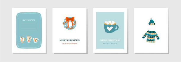 新年矢量明信片。节日饮料，门上的花环，一杯可可和棉花糖，一件舒适温暖的毛衣和帽子。可爱的电子邮件卡片，传单和圣诞海报图片下载