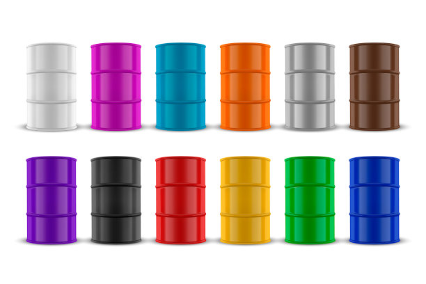 矢量三维逼真的插图简单的光泽金属油，燃料，汽油桶图标集隔离在白色背景上。包装模型设计模板。前视图图片下载