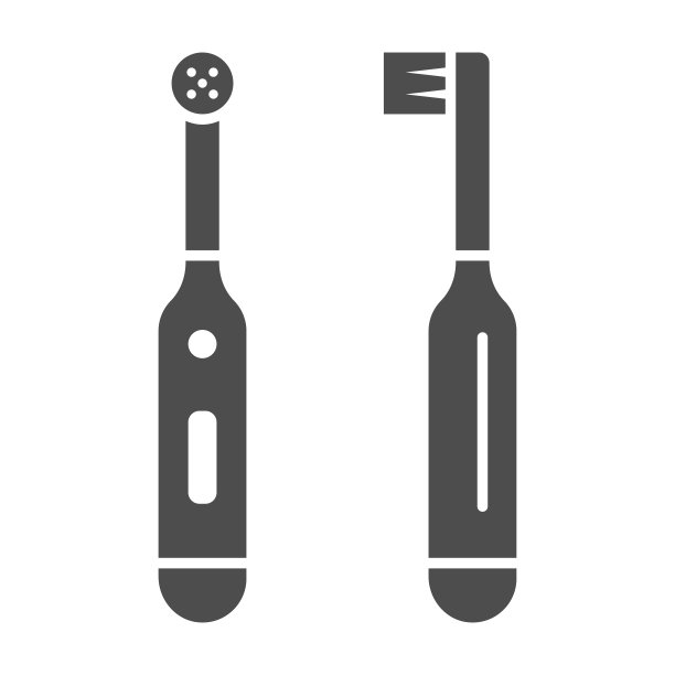 电动牙刷实心图标，国际牙医日概念，白色背景上的清洁牙齿标志，电动牙刷正面和侧视图图标，字形风格。矢量图形。图片下载