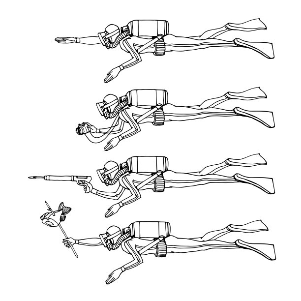 潜水员穿着潜水服，面罩，氧气罐和脚蹼，带着鱼叉枪，照相机，鱼饵图片下载