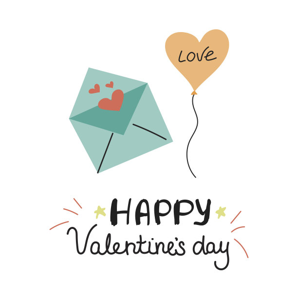 一封信和一个气球。情人节贺卡涂鸦风格。矢量插图上的白色背景图片下载